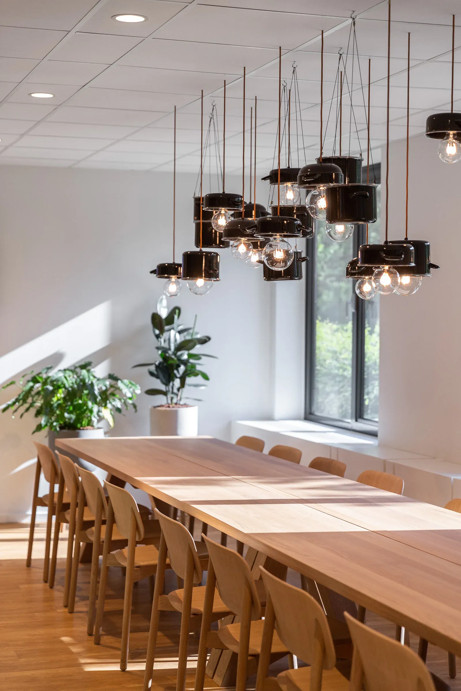 Salle à manger commune chaleureuse sous des suspensions circulaires