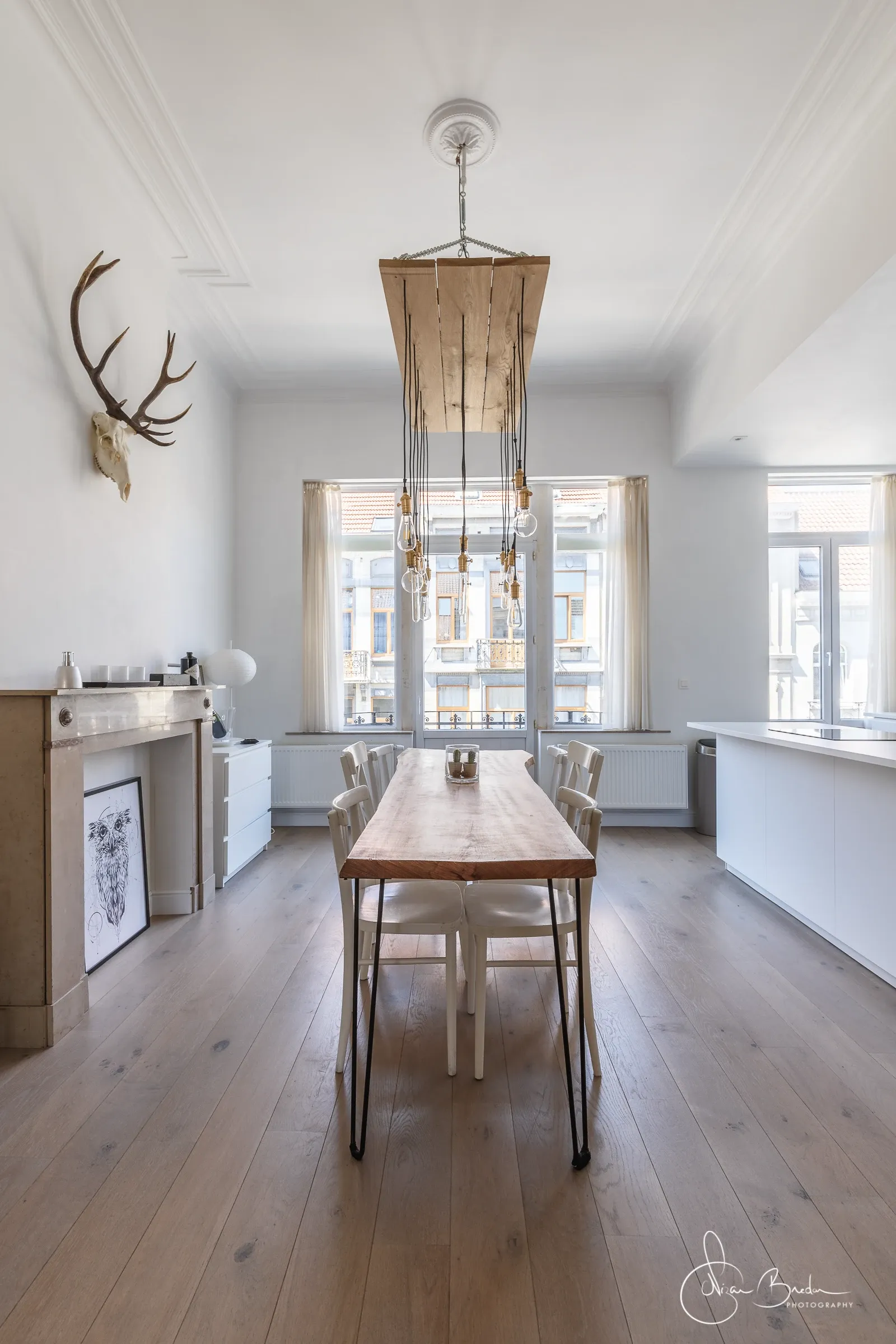 Bright dining room with a long timber table, white kitchen, fireplace and suspended lights
