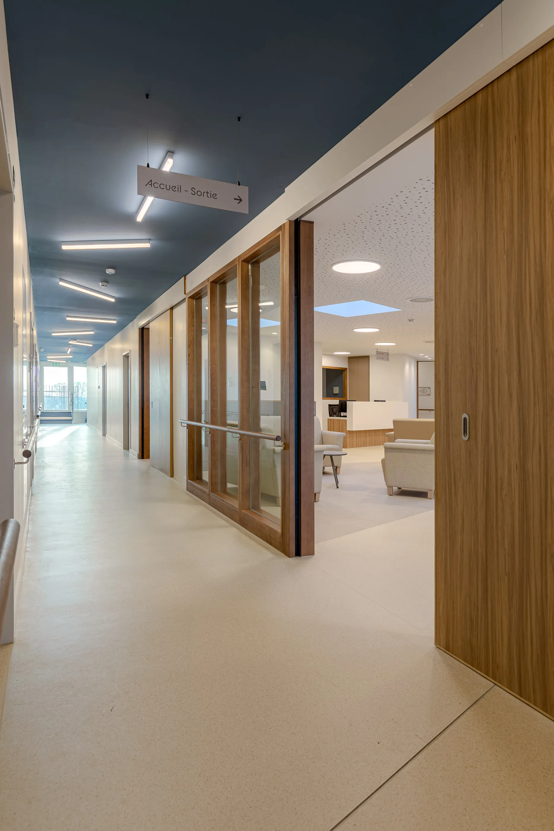 Couloir au plafond bleu ouvrant sur un salon lumineux à travers des vitrages encadrés de bois