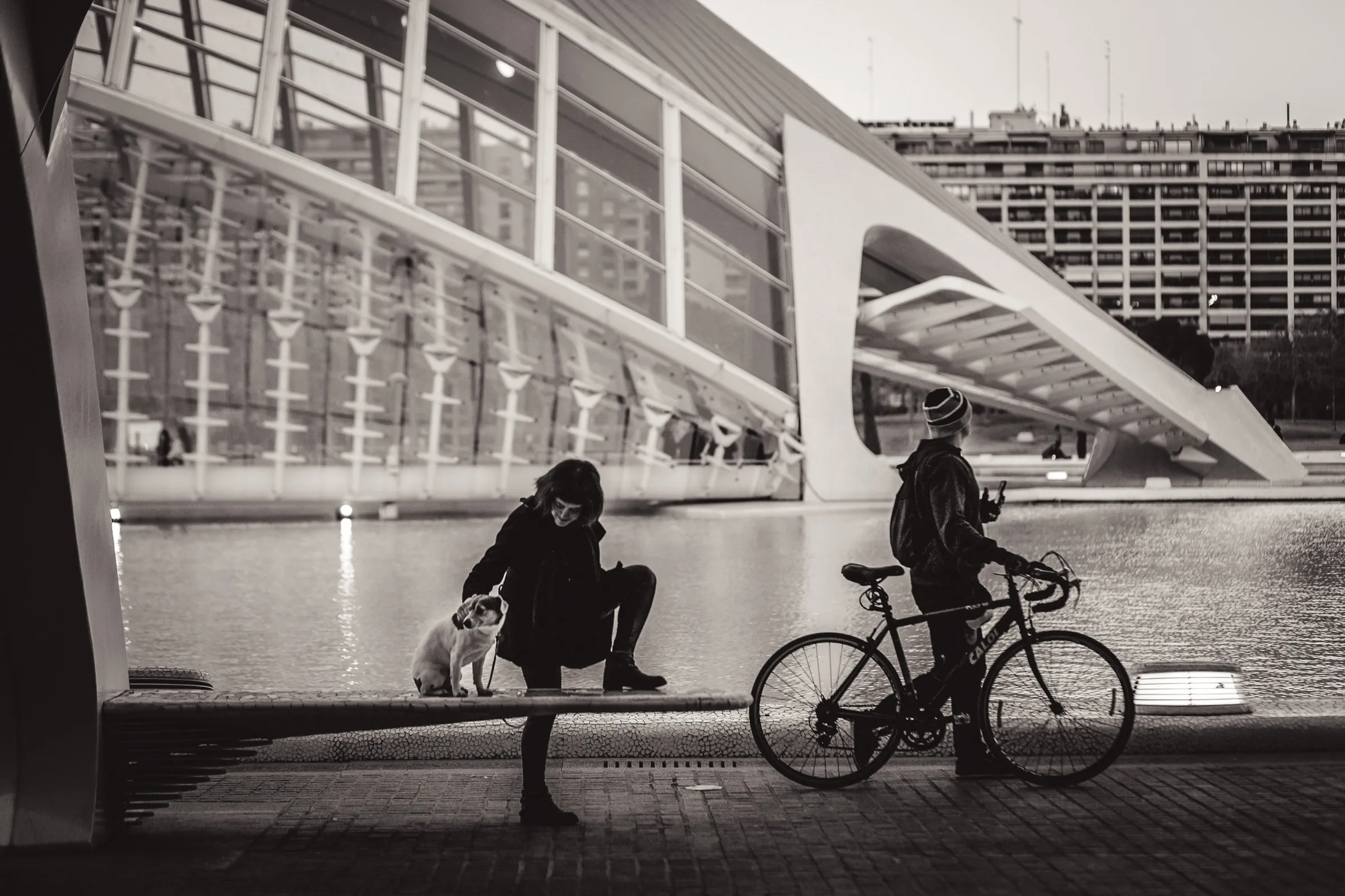 Cyclist and pedestrians moving beneath a white architectural canopy