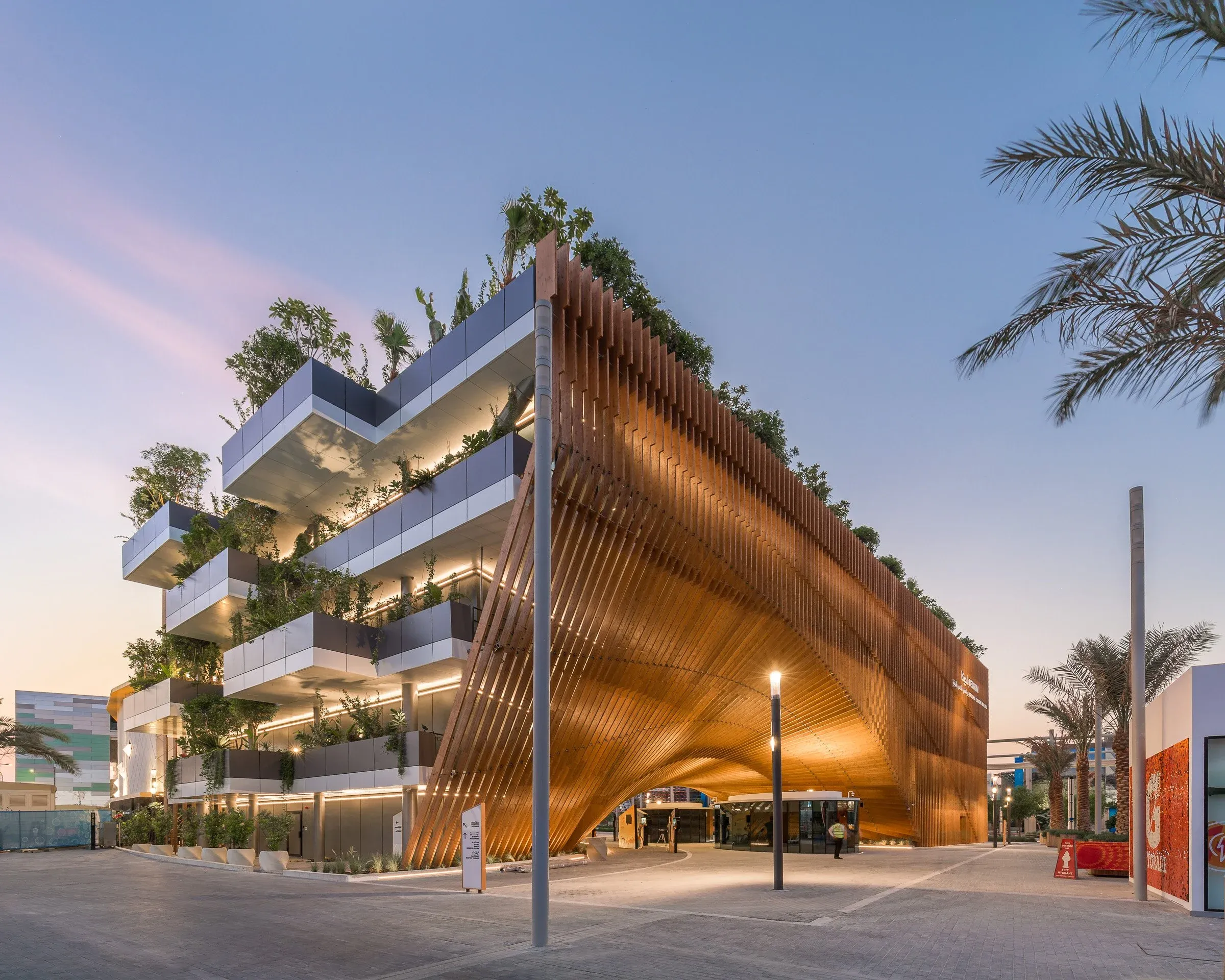 Terrasses plantées et lames de bois au crépuscule